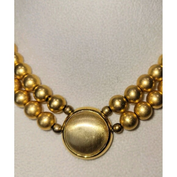 VTG LCI  Liz Claiborne 1980s Necklace Matte Gold Toned Beaded W/ Center Cabachon - Picture 4 of 9